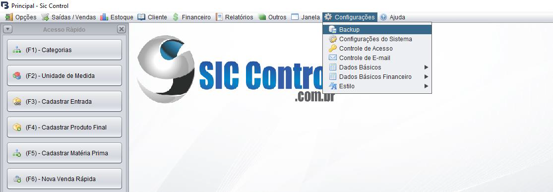 Tela de configurações de backup do Sic Control