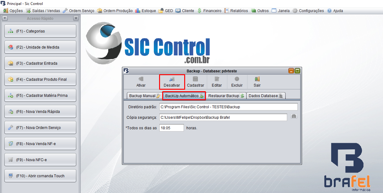 Configuração de backup automático do Sic Control